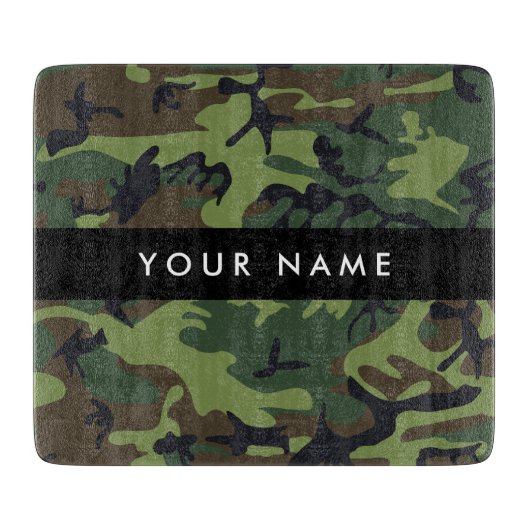 緑の迷彩模様、お名前、パーソナライズ カッティングボード (正面)