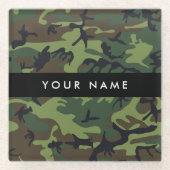 緑の迷彩模様、お名前、パーソナライズ ガラスコースター (正面)