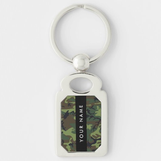 緑の迷彩模様、お名前、パーソナライズ キーホルダー (正面)