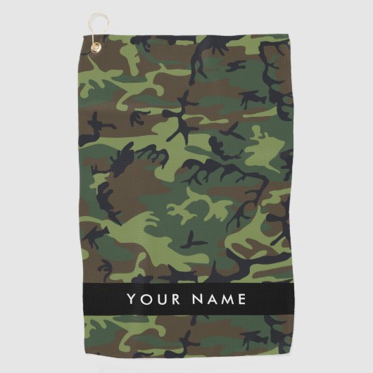 緑の迷彩模様、お名前、パーソナライズ ゴルフタオル (正面)