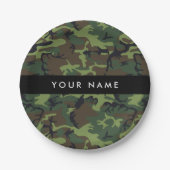 緑の迷彩模様、お名前、パーソナライズ ペーパープレート (正面)