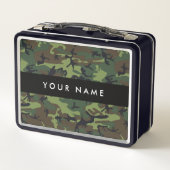 緑の迷彩模様、お名前、パーソナライズ メタルランチボックス (裏面)