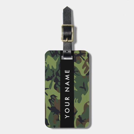緑の迷彩模様、お名前、パーソナライズ ラゲッジタグ (正面縦)