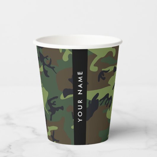 緑の迷彩模様、お名前、パーソナライズ 紙コップ (正面)