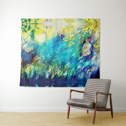 緑の遊森の中の笛と鹿 タペストリー (インサイチュ(横))