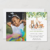 緑の部族の森林動物の誕生日写真 招待状 (正面)