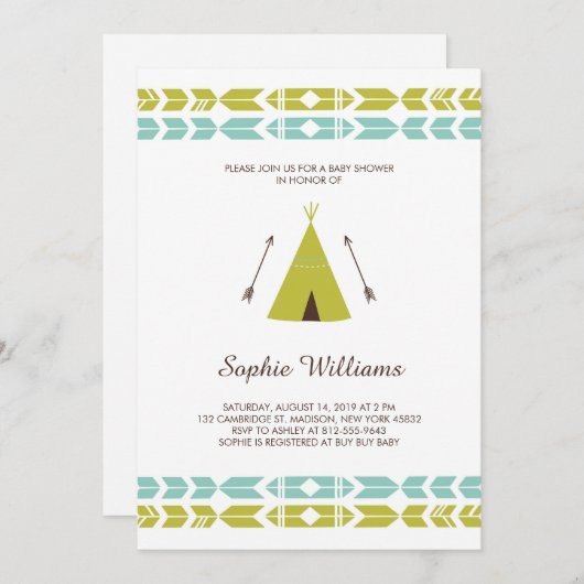 緑の部族ティーピーのベビーシャワー 招待状 (正面/裏面)