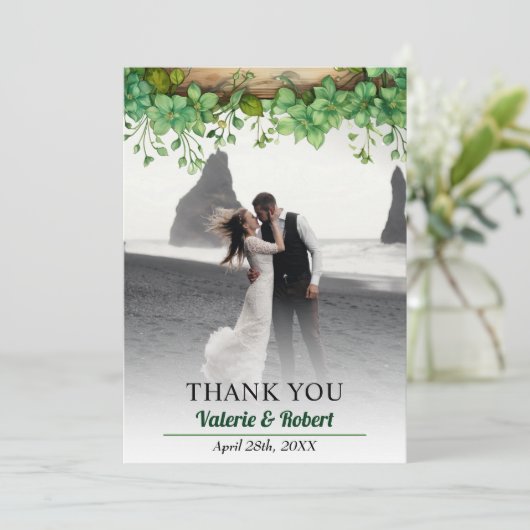 緑の配置と写真春の結婚式 サンキューカード (スタンド正面)