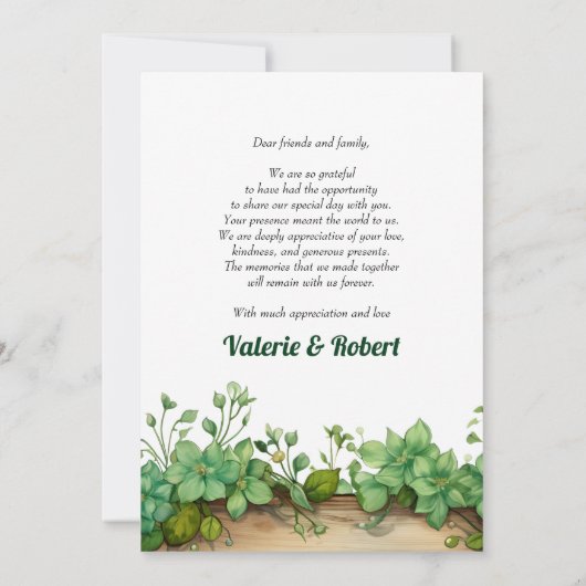 緑の配置と写真春の結婚式 サンキューカード (裏面)