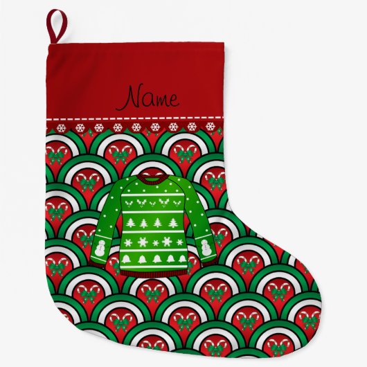緑の醜いクリスマスセーターの半円に名前を付ける ラージクリスマスストッキング (正面)