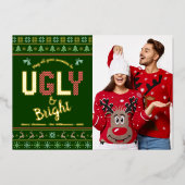 緑の醜いセーターのクリスマスフォトタッキー実在金ゴールド 箔シーズンカード (正面)