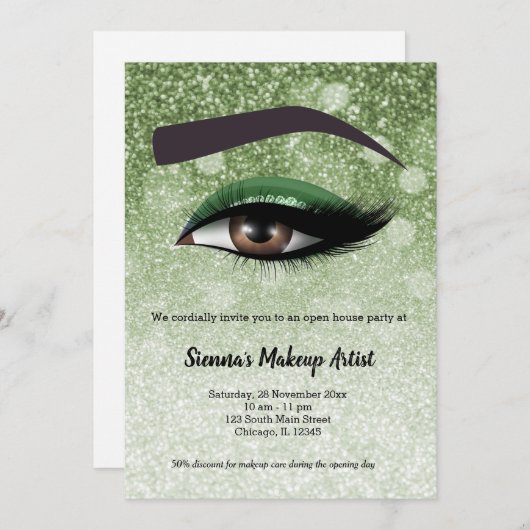 緑の釉薬が目を輝かせる |メイクアップアーティスト 招待状 (正面/裏面)