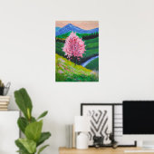 緑の野に咲くピンクの花 ポスター (ホームオフィス)