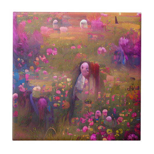 緑の野原に咲くピンクの花 デジタルアート タイル (正面)