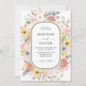 緑の野生の花フローラ水色結婚の 招待状 (正面)