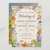緑の野花カラフルフローラ結婚のフレーム 招待状 (正面/裏面)