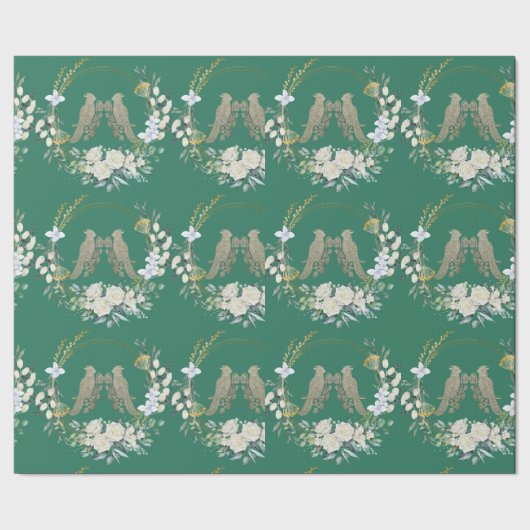 緑の金と白い鳥のバラの包装紙 ラッピングペーパー (シーム)