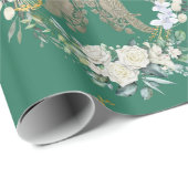 緑の金と白い鳥のバラの包装紙 ラッピングペーパー (ロールコーナー)