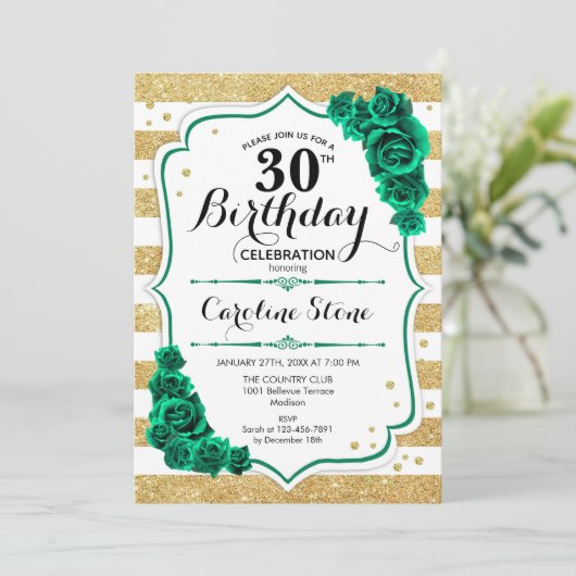 緑の金ゴールドと白いストライプフローラ30th誕生日 招待状 (スタンド正面)