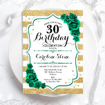 緑の金ゴールドと白いストライプフローラ30th誕生日 招待状<br><div class="desc">30歳の誕生日パーティの招待状。フローラエレガントエメラルドグリーンデザインバラ。機能フェイクグリッター金ゴールドと白いストライプフォントとスクリプト。日中の女子スタイリッシュお祝いに最適。どんなカスタマイズ年でもいい！印刷されたZazzle招待状または即時ダウンロードのデジタル印刷可能なテンプレート。</div>