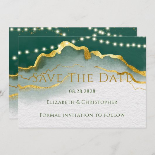 緑の金ゴールドのゲートとライト日付カードの保存 招待状 (正面/裏面)