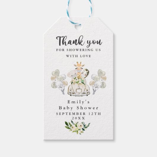 緑の金ゴールドのサファリの動物がベビーシャワーでドライブ ギフトタグ (正面)