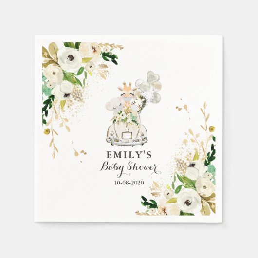 緑の金ゴールドのサファリの動物がベビーシャワーでドライブ スタンダードカクテルナプキン (正面)