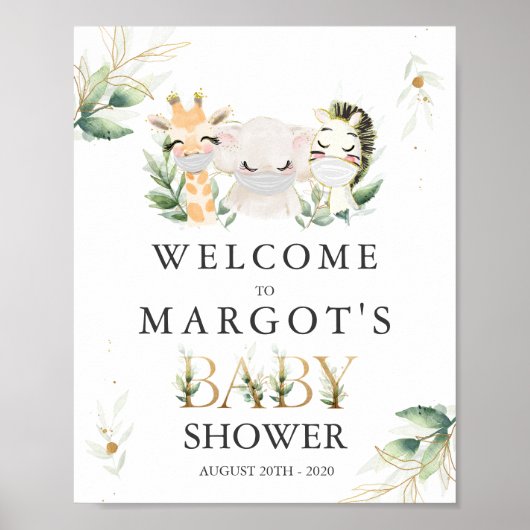 緑の金ゴールドのサファリの動物がベビーシャワーでドライブ ポスター (正面)