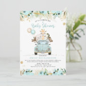 緑の金ゴールドのサファリの動物がベビーシャワーでドライブ 招待状 (スタンド正面)