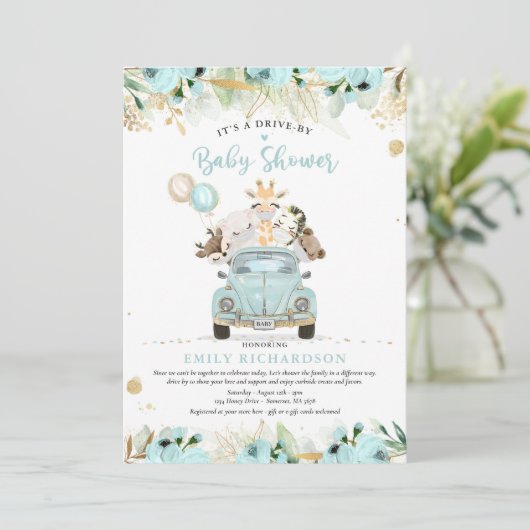 緑の金ゴールドのサファリの動物がベビーシャワーでドライブ 招待状 (スタンド正面)