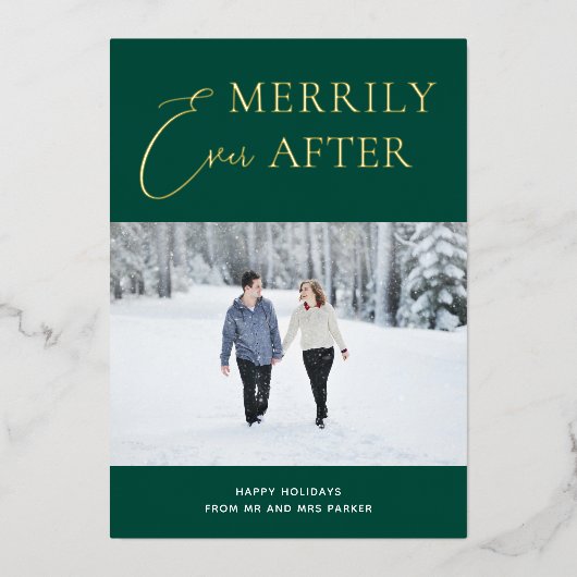 緑の金ゴールドのスクリプト写真の後に楽しく 箔シーズンカード (正面)