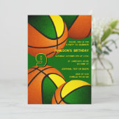 緑の金ゴールドのバスケットの子供のスポーツ誕生日 招待状 (スタンド正面)