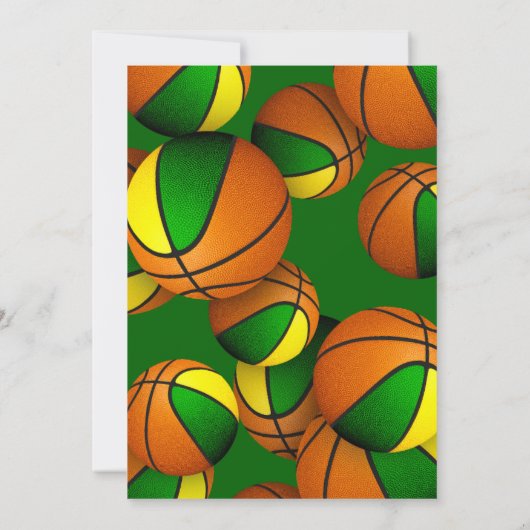 緑の金ゴールドのバスケットの子供のスポーツ誕生日 招待状 (裏面)