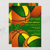 緑の金ゴールドのバスケットの子供のスポーツ誕生日 招待状 (正面/裏面)