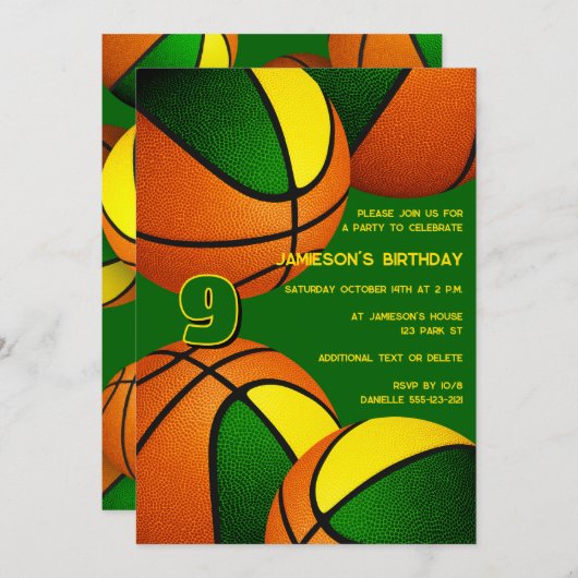 緑の金ゴールドのバスケットの子供のスポーツ誕生日 招待状 (正面/裏面)
