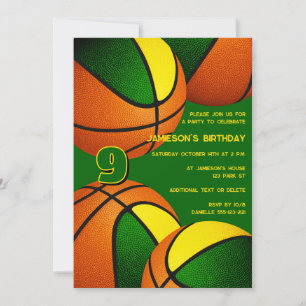 緑の金ゴールドのバスケットの子供のスポーツ誕生日 招待状
