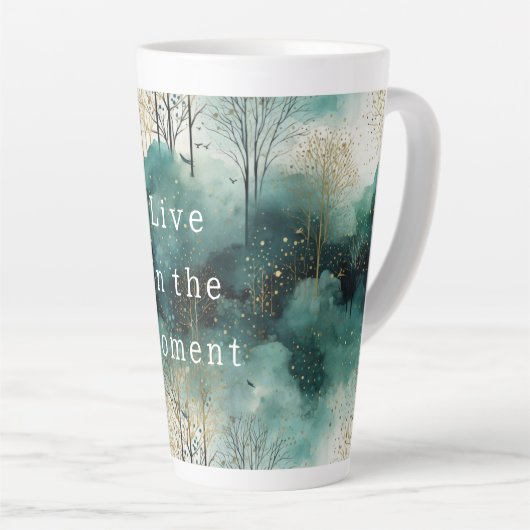 緑の金ゴールドの木と鳥のクリスマス カフェラテマグ (右アングル)