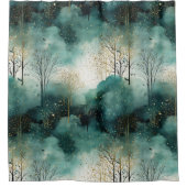 緑の金ゴールドの木と鳥のクリスマス シャワーカーテン (正面)