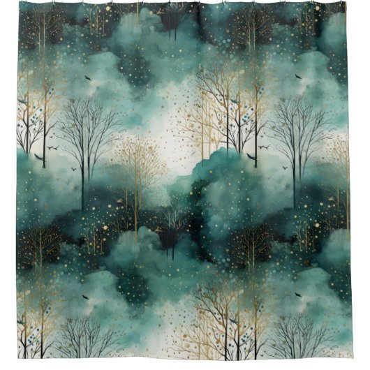 緑の金ゴールドの木と鳥のクリスマス シャワーカーテン (正面)