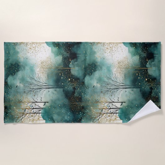 緑の金ゴールドの木と鳥のクリスマス ビーチタオル (正面)