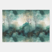 緑の金ゴールドの木と鳥のクリスマス ラッピングペーパーシート (正面)