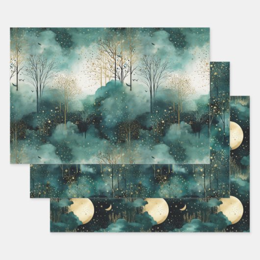 緑の金ゴールドの木と鳥のクリスマス ラッピングペーパーシート (セット)