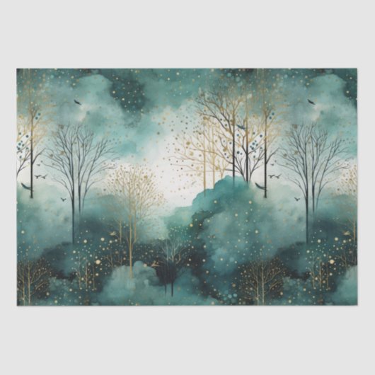 緑の金ゴールドの木と鳥のクリスマス 薄葉紙 (正面)