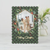 緑の金ゴールドの格子模様の写真メリークリスマスカード シーズンカード (スタンド正面)