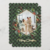 緑の金ゴールドの格子模様の写真メリークリスマスカード シーズンカード (正面/裏面)