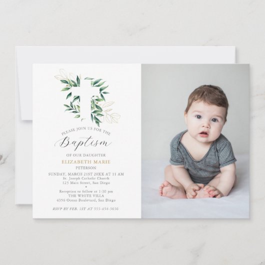 緑の金ゴールドの葉のベビー幼児の写真バプテスマ 招待状 (正面)