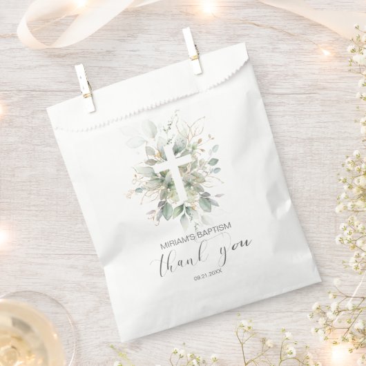 緑の金ゴールドの葉クロスバプテスマありがとう フェイバーバッグ (クリップ留めされた状態)