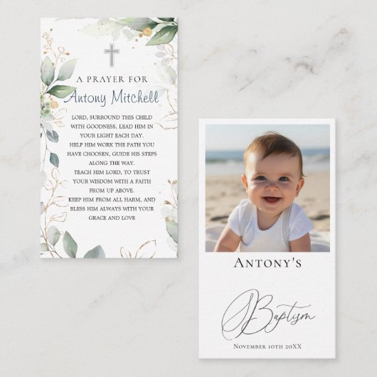 緑の金ゴールドの葉クロスバプテスマ祈りの言葉 名刺 (正面/裏面)