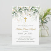 緑の金ゴールドの葉クロスベビーバプテスマ 招待状 (スタンド正面)