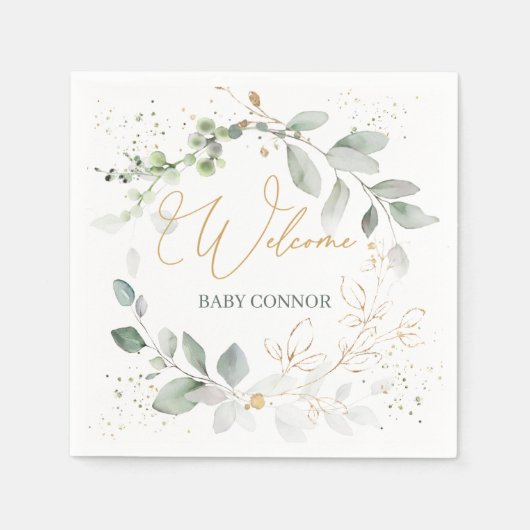 緑の金ゴールドの葉ベビーシャワーナプキン スタンダードカクテルナプキン (正面)
